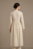 Women's Ivory Cotton Self Stripe Gathered Yoke A-Line Kurta