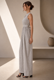 Black and white striped sleeveless jumpsuit by Tjori – side view