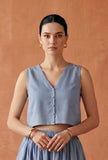 Dusty Blue Cotton Slub V-Neck Button-Down Crop Top