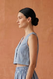 Dusty Blue Cotton Slub V-Neck Button-Down Crop Top