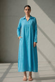 Sky Blue Relaxed Fit Cotton Collared Maxi Dress