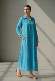 Sky Blue Relaxed Fit Cotton Collared Maxi Dress