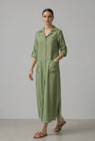 Olive Green Button-Down Cotton Long Dress