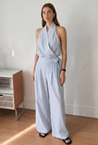 Blue & White Striped Halter Neck Wrap Jumpsuit with Waist Tie-Up