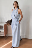 Blue & White Striped Halter Neck Wrap Jumpsuit with Waist Tie-Up