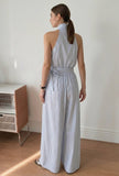 Blue & White Striped Halter Neck Wrap Jumpsuit with Waist Tie-Up