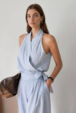 Blue & White Striped Halter Neck Wrap Jumpsuit with Waist Tie-Up