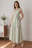 Sage Green Striped Sleeveless Wrap Maxi Dress with Waist Tie-Up