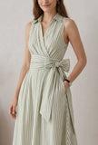 Sage Green Striped Sleeveless Wrap Maxi Dress with Waist Tie-Up