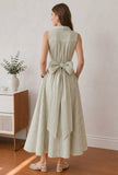 Sage Green Striped Sleeveless Wrap Maxi Dress with Waist Tie-Up