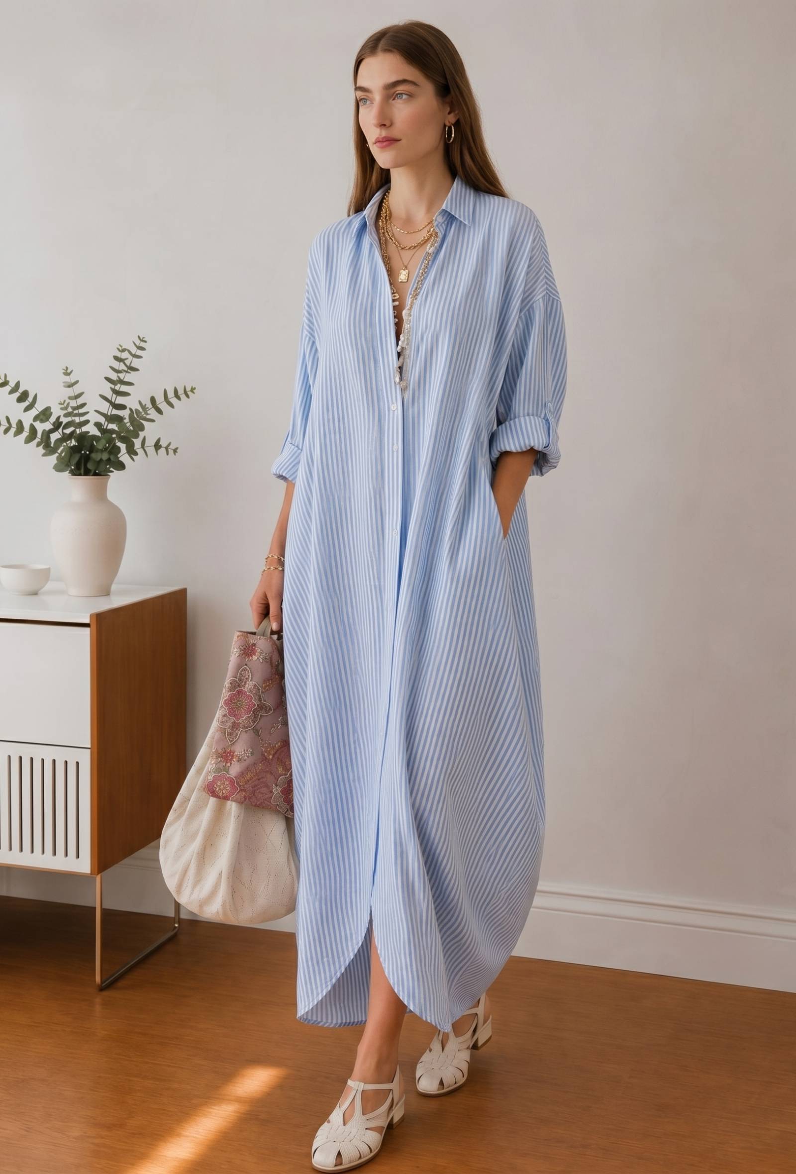 Blue & White Striped Oversized Shirt Maxi Dress