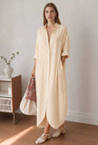 Lemon Yellow Striped Relaxed Fit Shirt Collar Maxi Dress
