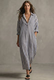 White & Blue Striped Cotton Shirt Dress