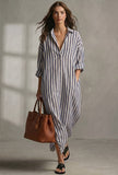 White & Blue Striped Cotton Shirt Dress