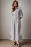White & Blue Striped Cotton Shirt Dress