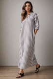 White & Blue Striped Cotton Shirt Dress