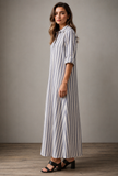 White & Blue Striped Cotton Shirt Dress