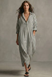 Sage Green Striped Cotton Shirt Maxi Dress