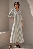 Sage Green Striped Cotton Shirt Maxi Dress