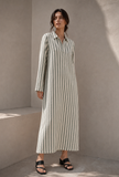 Sage Green Striped Cotton Shirt Maxi Dress
