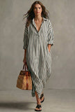 Sage Green Striped Cotton Shirt Maxi Dress