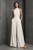 White Pinstripe Halter Neck Wide-Leg Jumpsuit