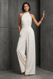 White Pinstripe Halter Neck Wide-Leg Jumpsuit