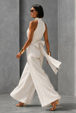 White Pinstripe Halter Neck Wide-Leg Jumpsuit