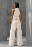 White Pinstripe Halter Neck Wide-Leg Jumpsuit