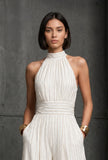 White Pinstripe Halter Neck Wide-Leg Jumpsuit