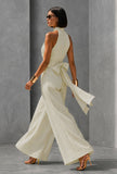 Ivory Lurex Stripe Halter Neck Jumpsuit