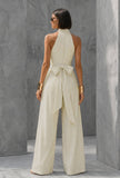 Ivory Lurex Stripe Halter Neck Jumpsuit