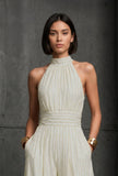 Ivory Lurex Stripe Halter Neck Jumpsuit