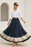 Black Flared Maxi Skirt with Gold Brocade Border