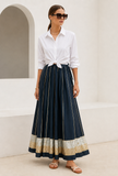 Black Flared Maxi Skirt with Gold Brocade Border