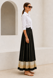 Black Flared Maxi Skirt with Gold Brocade Border