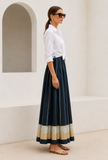 Black Flared Maxi Skirt with Gold Brocade Border