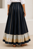 Black Flared Maxi Skirt with Gold Brocade Border