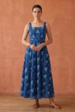Indigo Geometric Print Cotton Flared Maxi Dress