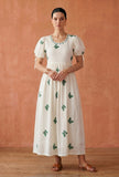Ivory Butterfly Embroidered Cotton Midi Dress