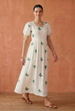 Ivory Butterfly Embroidered Cotton Midi Dress