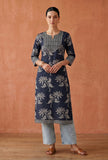 Midnight Blue Floral Woven Cotton Kurta