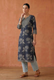 Midnight Blue Floral Woven Cotton Kurta