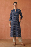 Navy Blue Ethnic Motif Printed Straight Kurta