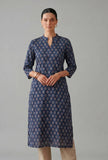 Navy Blue Ethnic Motif Printed Straight Cotton Kurta