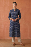 Navy Blue Ethnic Motif Printed Straight Kurta