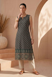 Deep Green Ethnic Motif Printed Sleeveless Straight Kurta