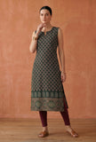 Deep Green Ethnic Motif Printed Sleeveless Straight Kurta