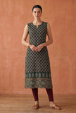 Deep Green Ethnic Motif Printed Sleeveless Straight Kurta