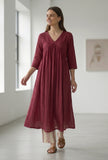 Set Of 2: Maroon Gathered Yoke V-Neck Kurta
